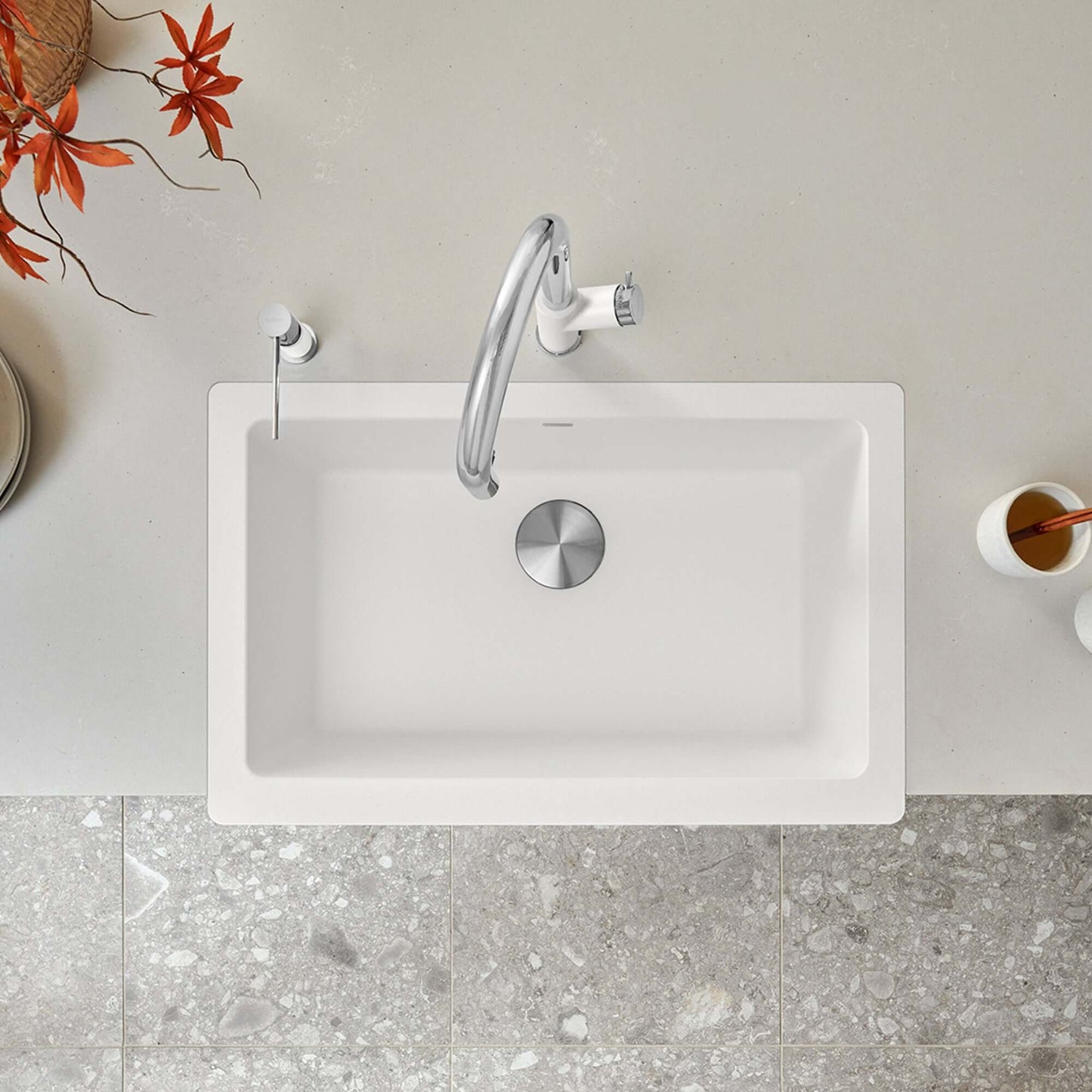 BLANCO VINTERA 30" SILGRANIT Single Bowl Farmhouse Sink with modern faucet in a contemporary kitchen setting.