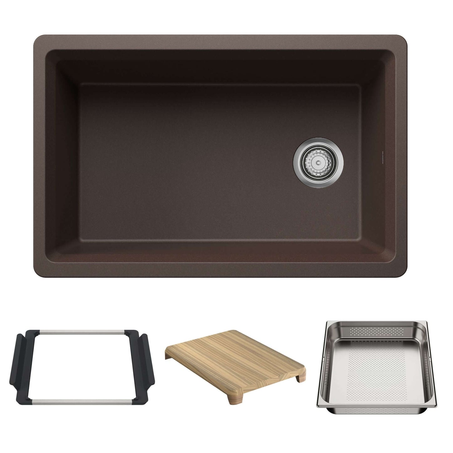 BLANCO Inteos SILGRANIT 30" Single Bowl Reversible Undermount Workstation Kitchen Sink with accessories and cutting board.