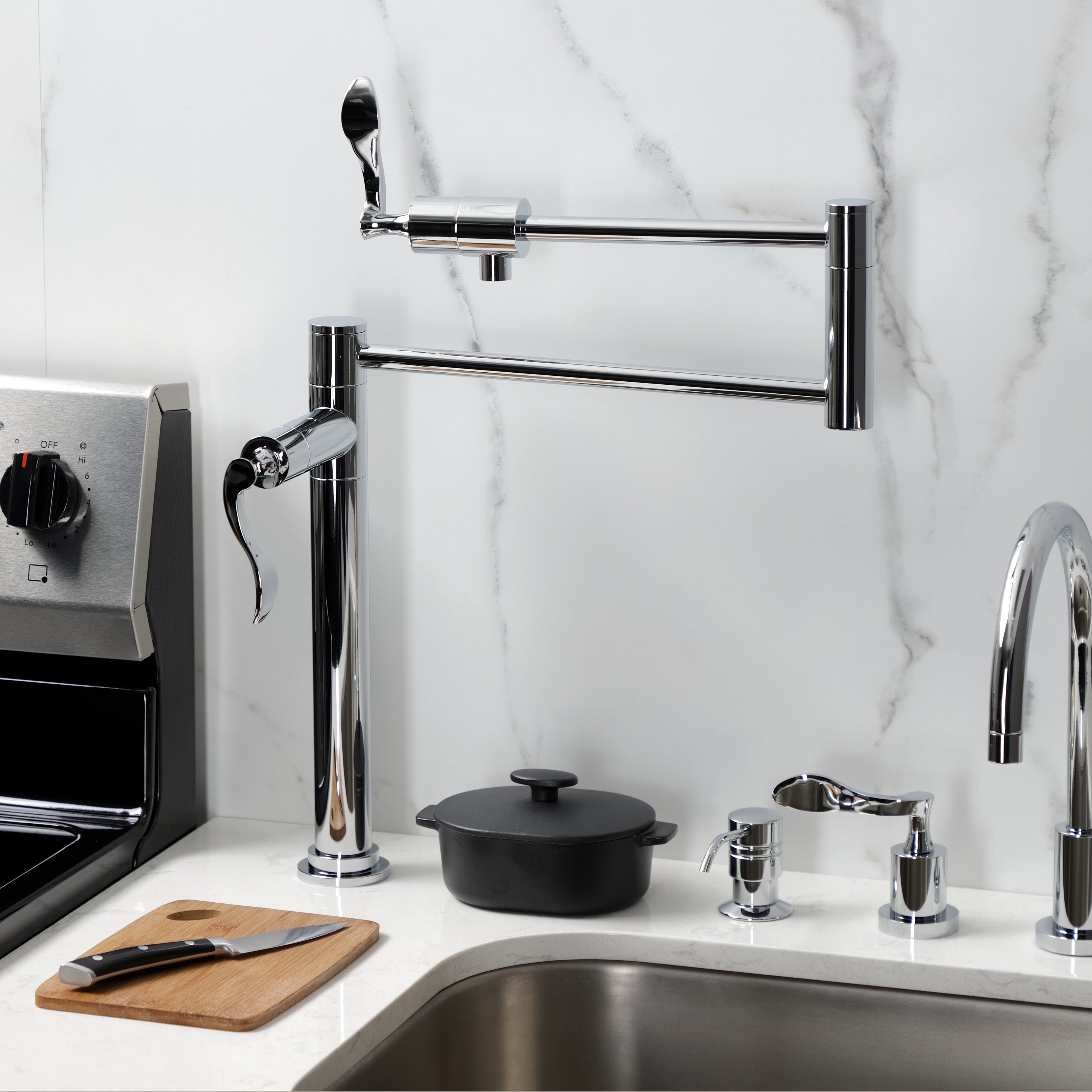 Kingston Brass KS4705CFL Century Deck Mount Pot Filler Faucet, Oil Rubbed Bronze in a modern kitchen setting.