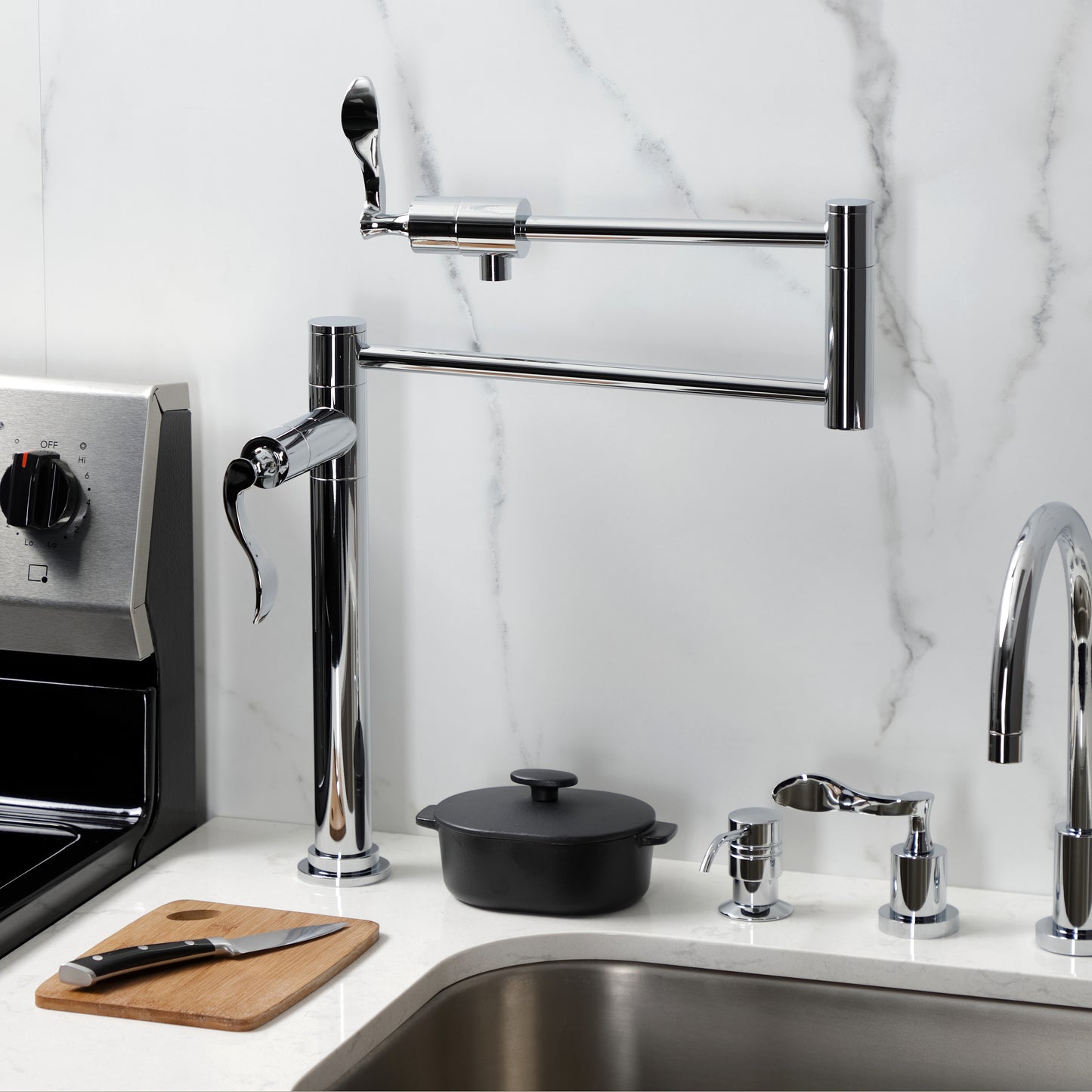 Kingston Brass KS4705CFL Century Deck Mount Pot Filler Faucet, Oil Rubbed Bronze in a modern kitchen setting.