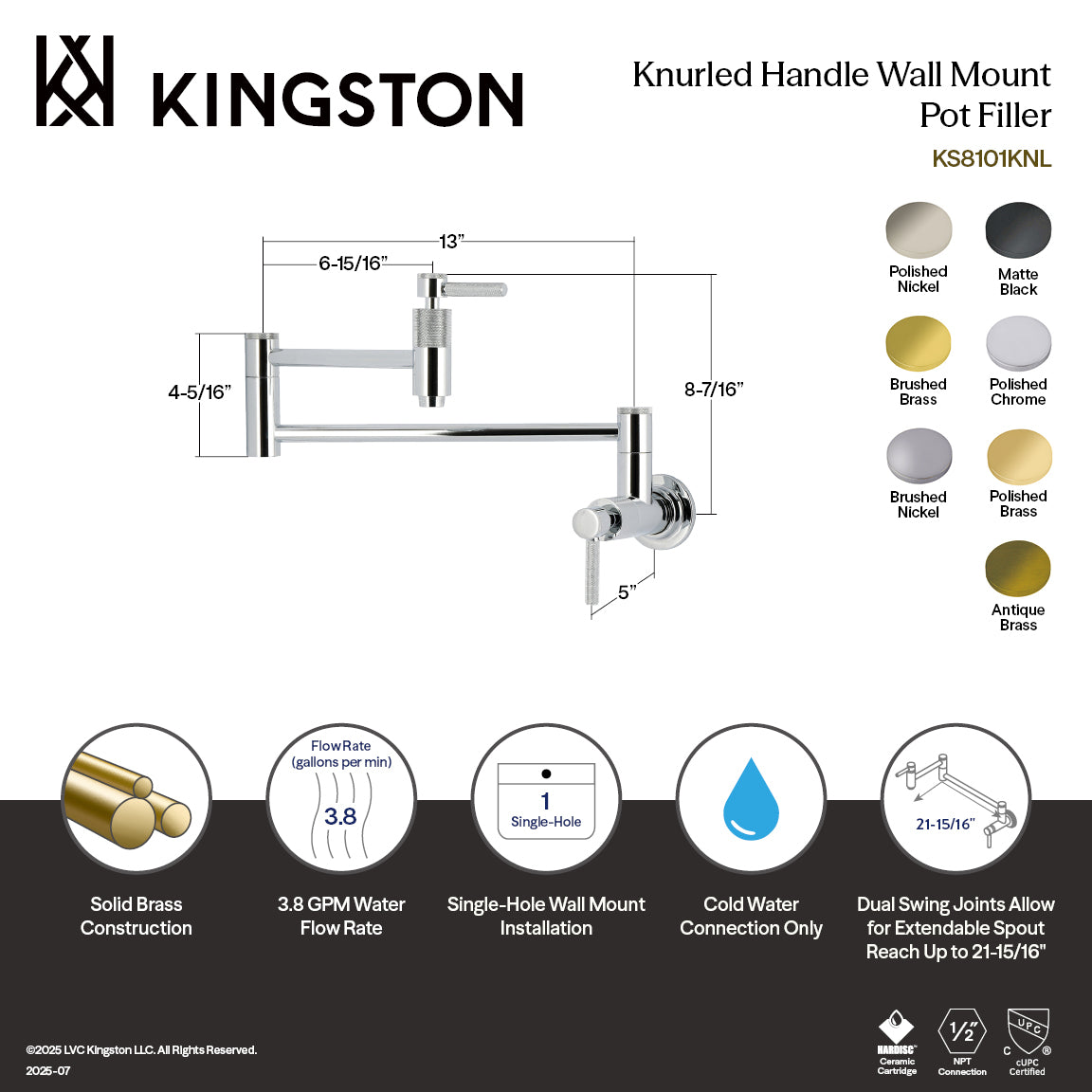 Kingston Brass KS8103KNL Convergent Wall Mount Pot Filler Faucet with Knurled Handle, Antique Brass design and features