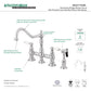 Kingston KS3277PLBS Restoration Bridge Kitchen Faucet with Brass Sprayer, Brushed Brass showcased with porcelain lever handles.