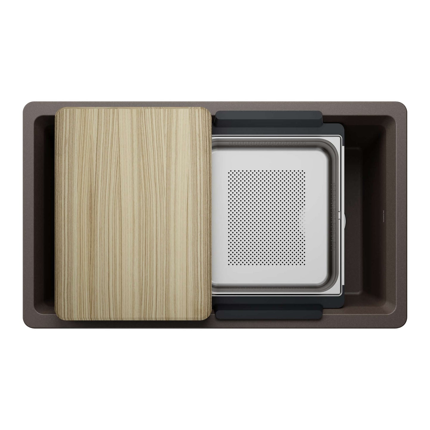 BLANCO Inteos SILGRANIT 33" Single Bowl Reversible Undermount Workstation Kitchen Sink with wood cutting board and colander.