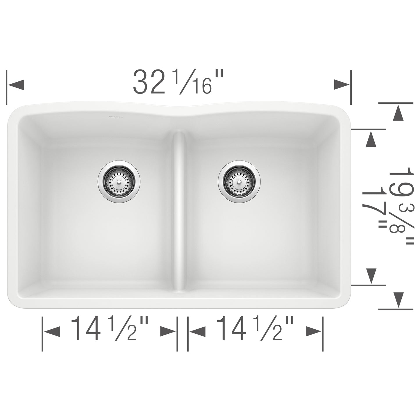 BLANCO Diamond SILGRANIT 32" 50/50 Double Bowl Undermount Kitchen Sink with Low Divide dimensions and design.