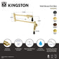 Kingston Brass KS4107PKL Duchess Wall Mount Pot Filler Faucet, Brushed Brass with matte black handles and dimensions.
