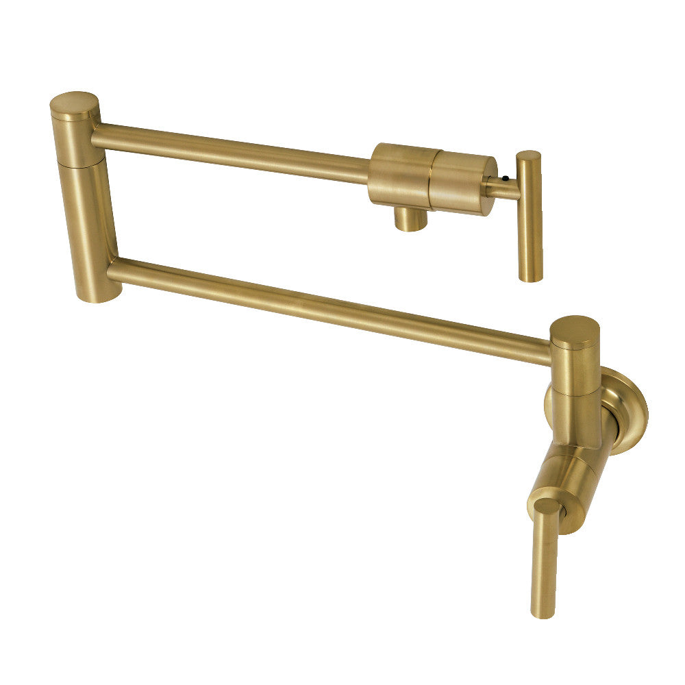 Kingston Brass KS4103CML Manhattan Wall Mount Pot Filler Faucet, Antique Brass with foldable swing arms and brushed finish.