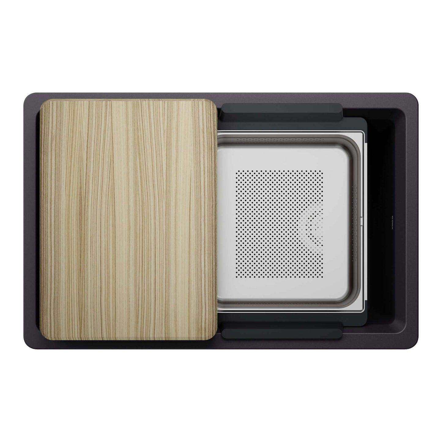 BLANCO Inteos SILGRANIT 30" Single Bowl Reversible Undermount Workstation Kitchen Sink with wood cutting board and colander.