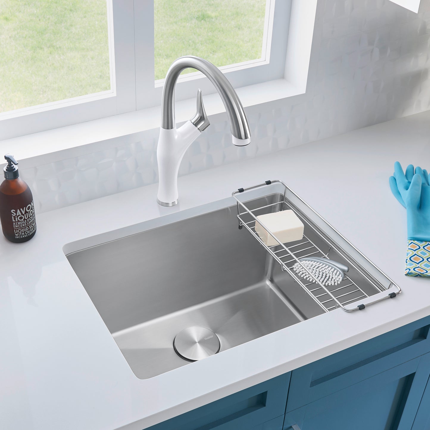 BLANCO Quatrus R15 25" Single Bowl Dual Mount Stainless Steel Laundry Sink in a modern kitchen setting.