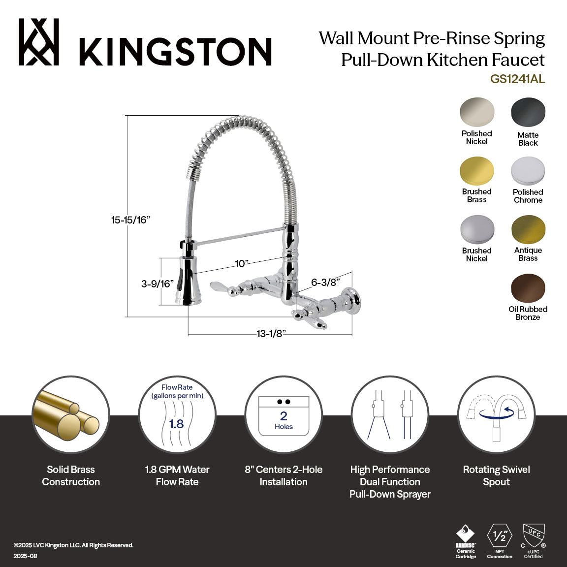 Gourmetier GS1243AL Heritage Double-Handle Wall-Mount Pre-Rinse Bridge Kitchen Faucet, Antique Brass dimensions and features diagram.