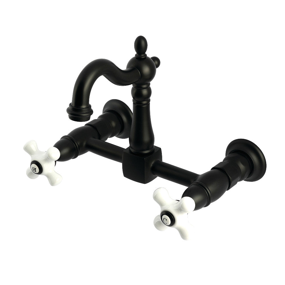 Kingston KS2443PX Heritage Two-Handle Wall Mount Bridge Kitchen Faucet, Antique Brass in matte black finish