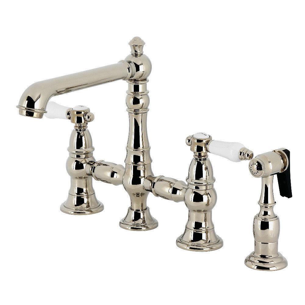 Kingston KS7277BPLBS Bel-Air Bridge Kitchen Faucet with Brass Sprayer, Brushed Brass finish