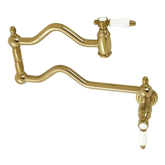 Kingston Brass KS2107BPL Bel-Air Wall Mount Pot Filler Faucet, Brushed Brass with white porcelain levers
