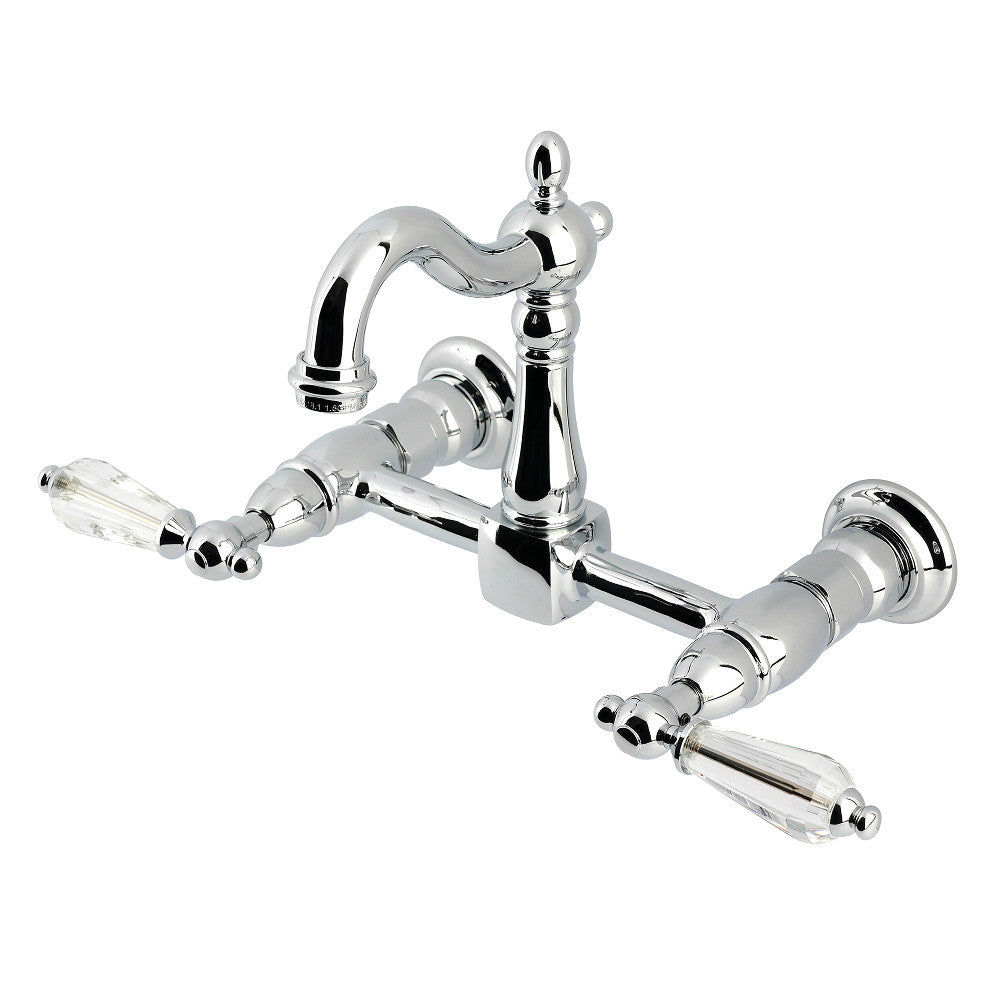 Kingston KS2443WLL Willshire Two-Handle Wall Mount Bridge Kitchen Faucet, Antique Brass in polished chrome finish.