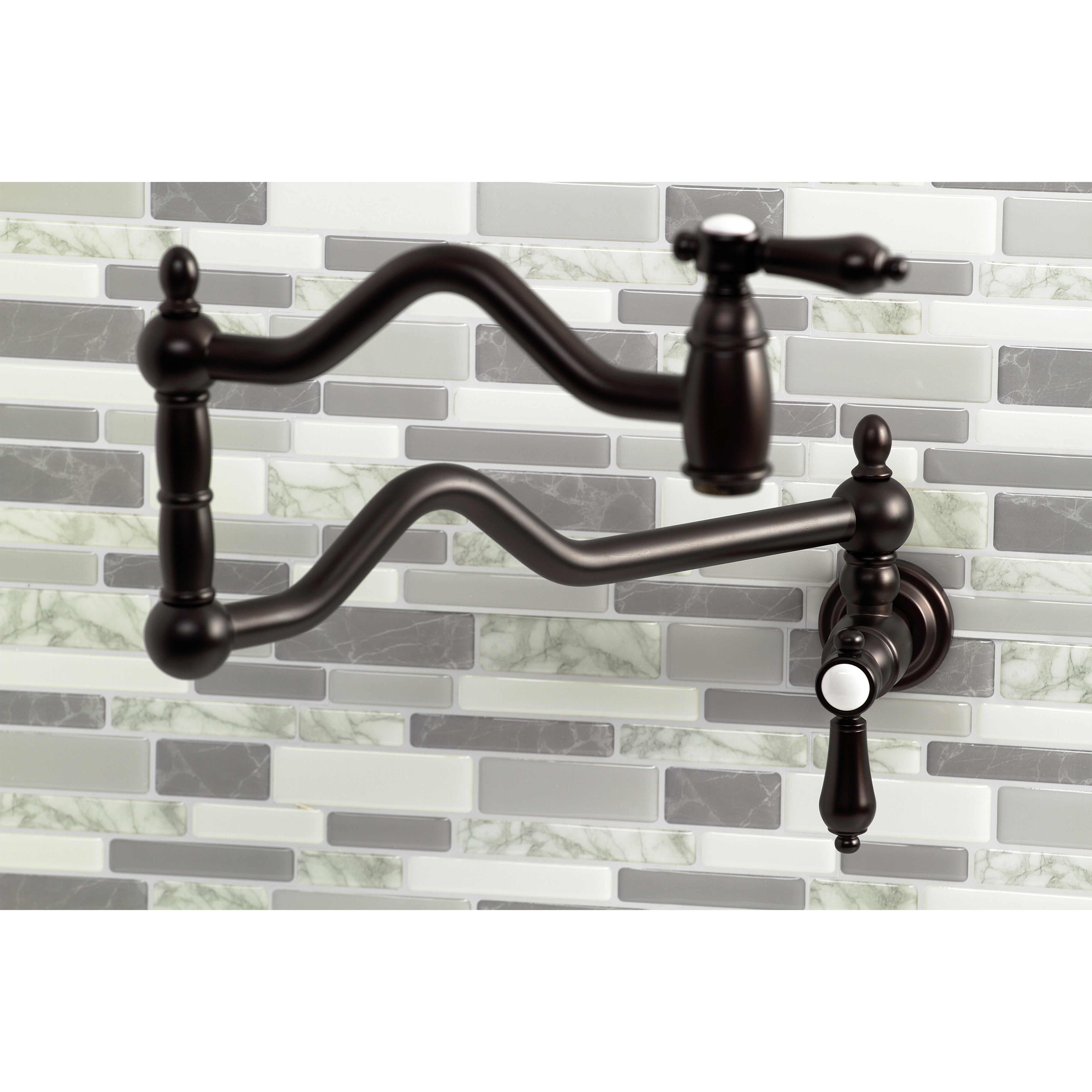 Kingston Brass KS2107BAL Heirloom Wall Mount Pot Filler Faucet, Brushed Brass on tiled backsplash