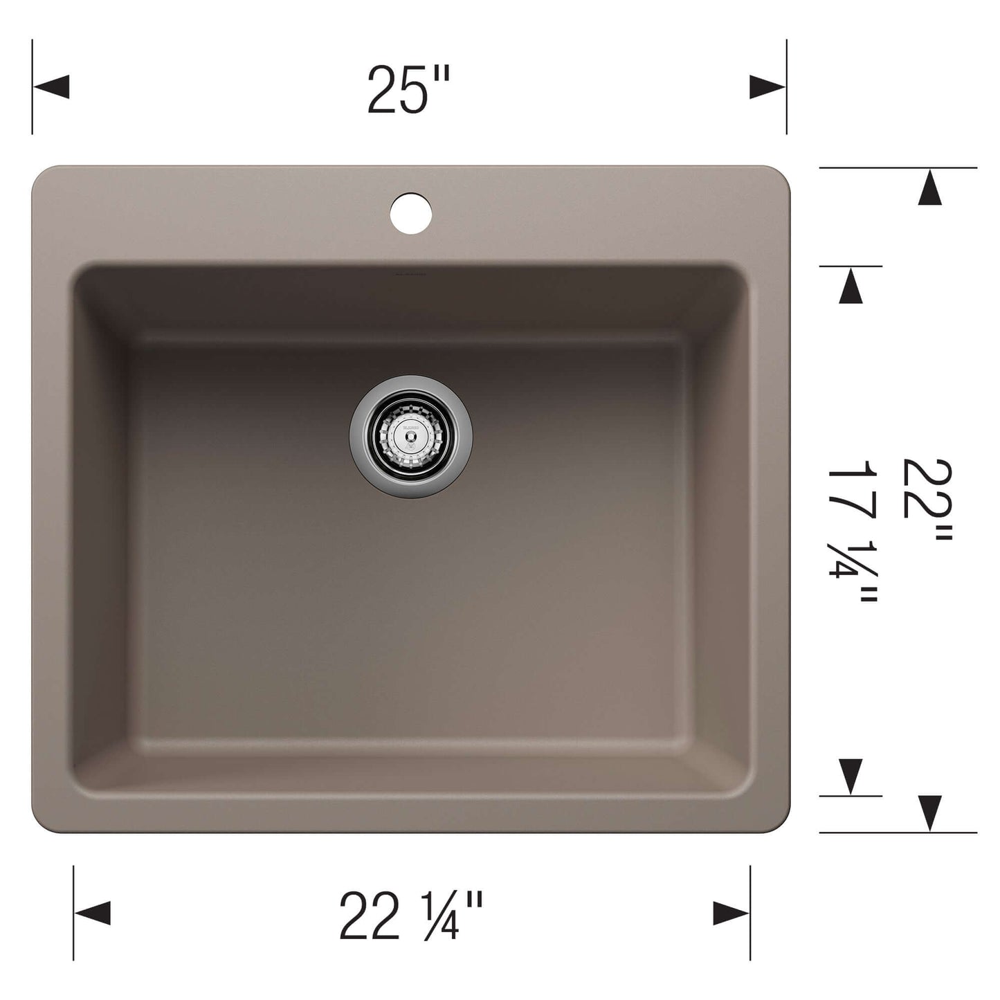 BLANCO Liven SILGRANIT 25" Single Bowl Dual Mount Kitchen Sink dimensions and design overview.