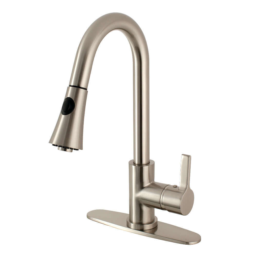 Kingston Brass LS8723CTL Continental Pull-Down Kitchen Faucet with a curved spout and single-handle design in brushed nickel