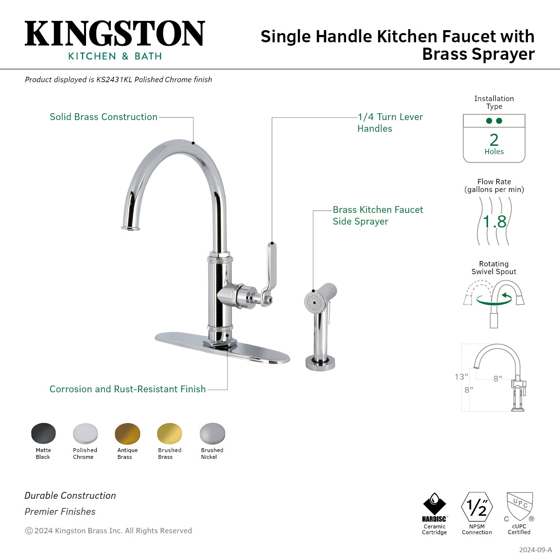 Kingston Brass KS2433KL Whitaker Single-Handle Kitchen Faucet with Brass Side Sprayer, Antique Brass