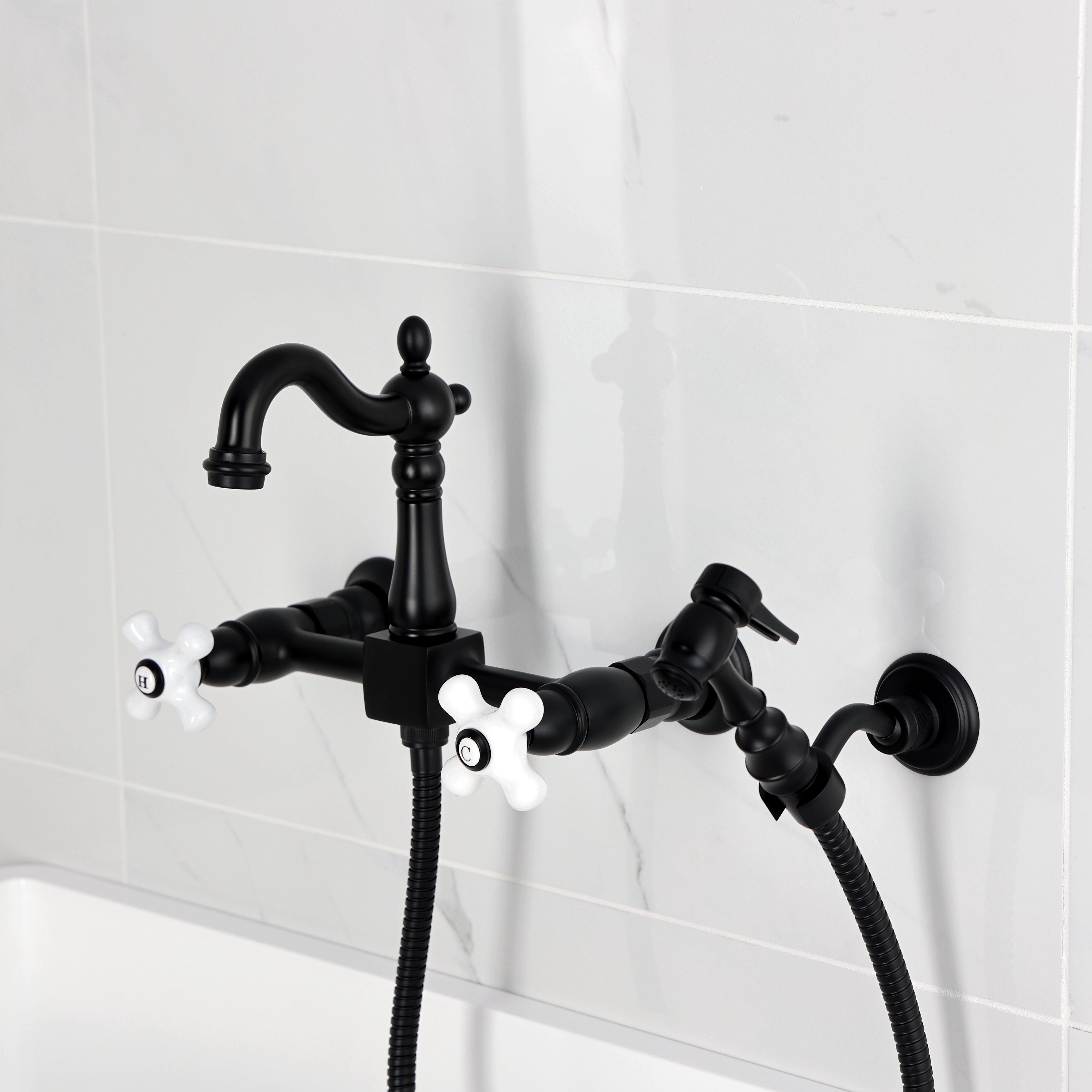 Kingston KS2443PXBS Heritage Two-Handle Wall Mount Bridge Kitchen Faucet with Brass Sprayer, Antique Brass