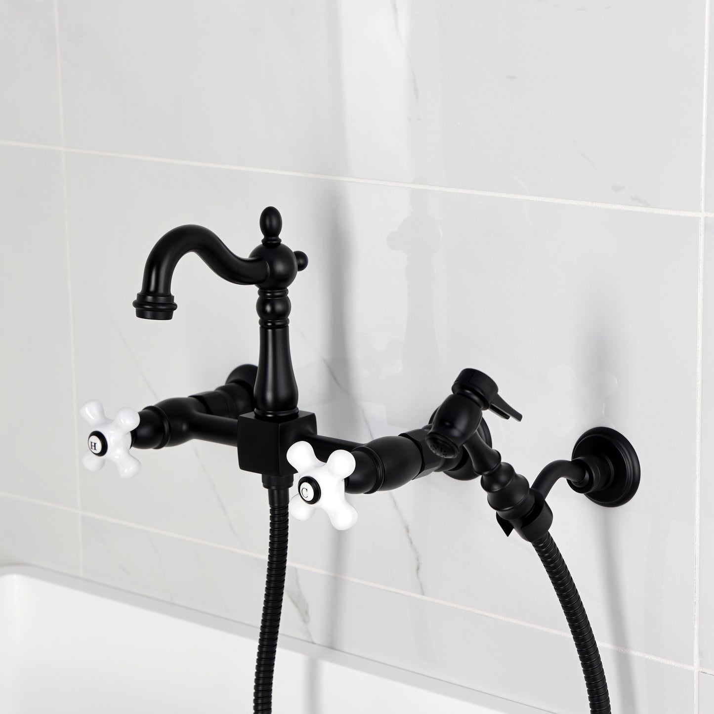 Kingston KS2443PXBS Heritage Two-Handle Wall Mount Bridge Kitchen Faucet with Brass Sprayer, Antique Brass