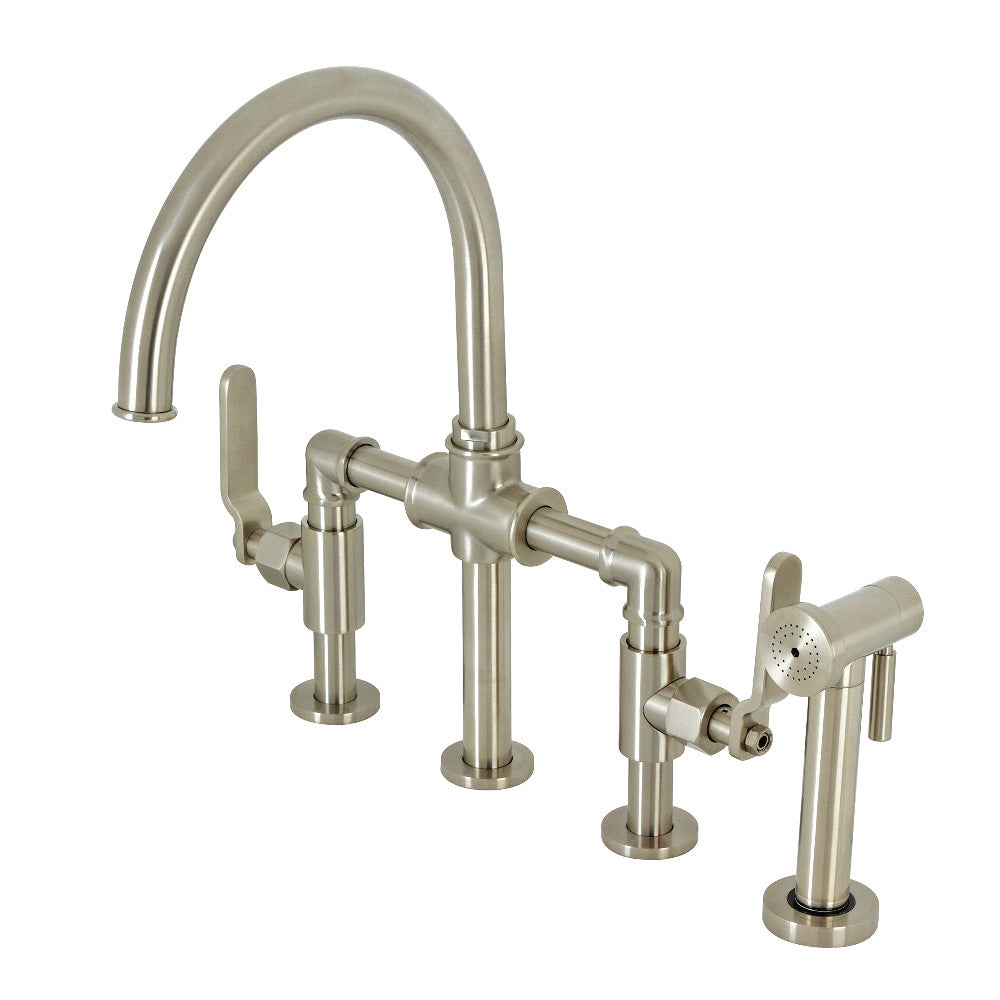 Kingston KS2333KL Whitaker Industrial Style Bridge Kitchen Faucet with Brass Sprayer, Antique Brass in brushed nickel finish