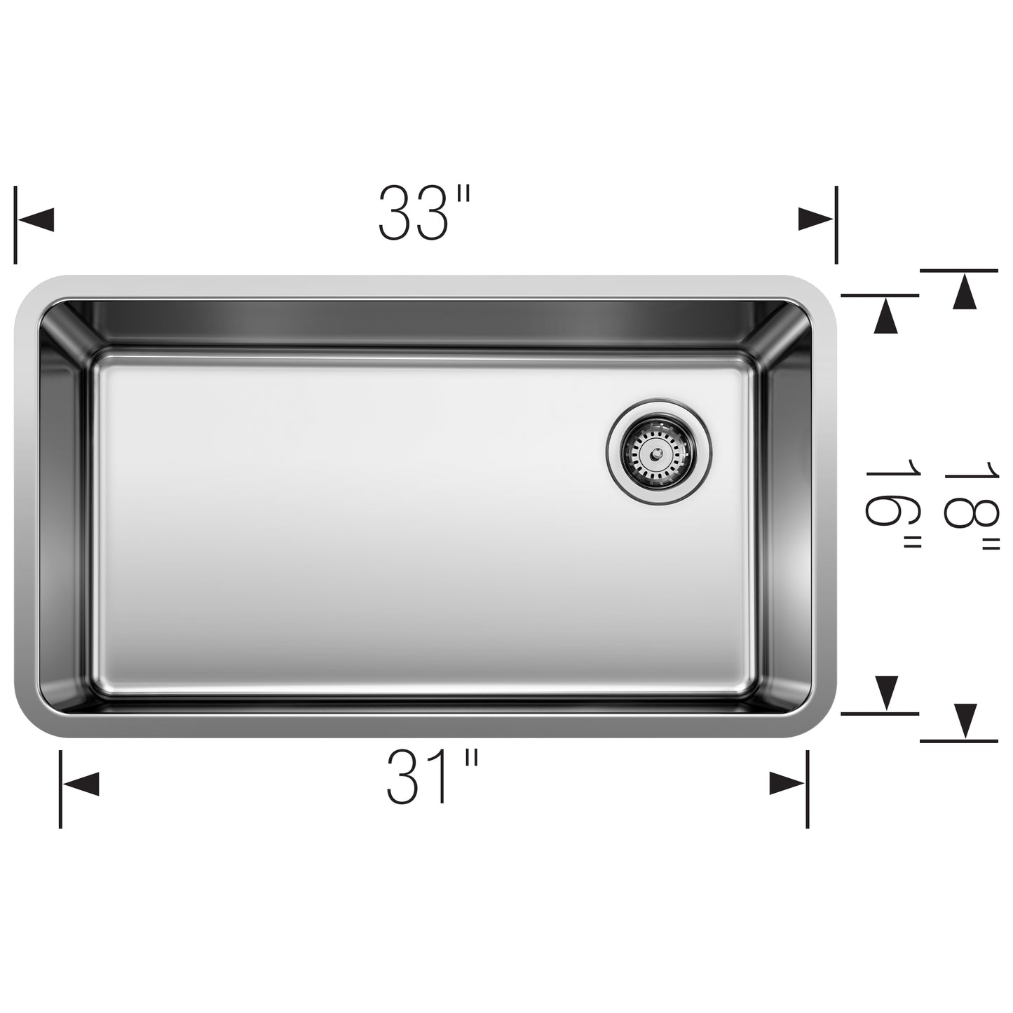 BLANCO Formera 33" Super Single Undermount Stainless Steel Kitchen Sink dimensions diagram