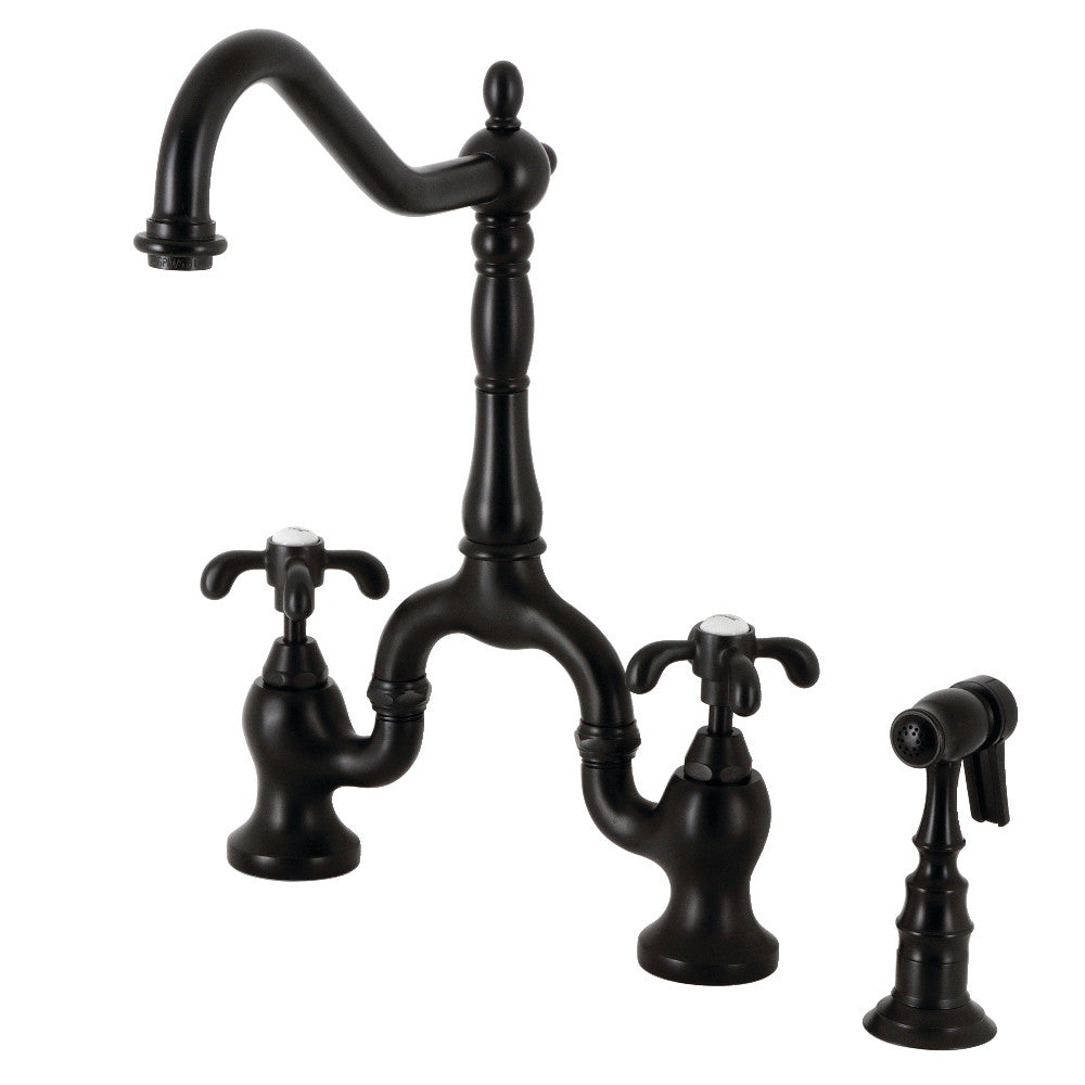 Kingston KS7753TXBS French Country Bridge Kitchen Faucet with Brass Sprayer, Antique Brass in matte black finish