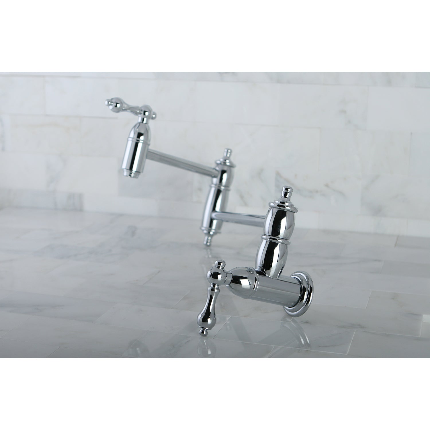 Kingston Brass KS3103AL Restoration Wall Mount Pot Filler Faucet, Antique Brass on a marble countertop.