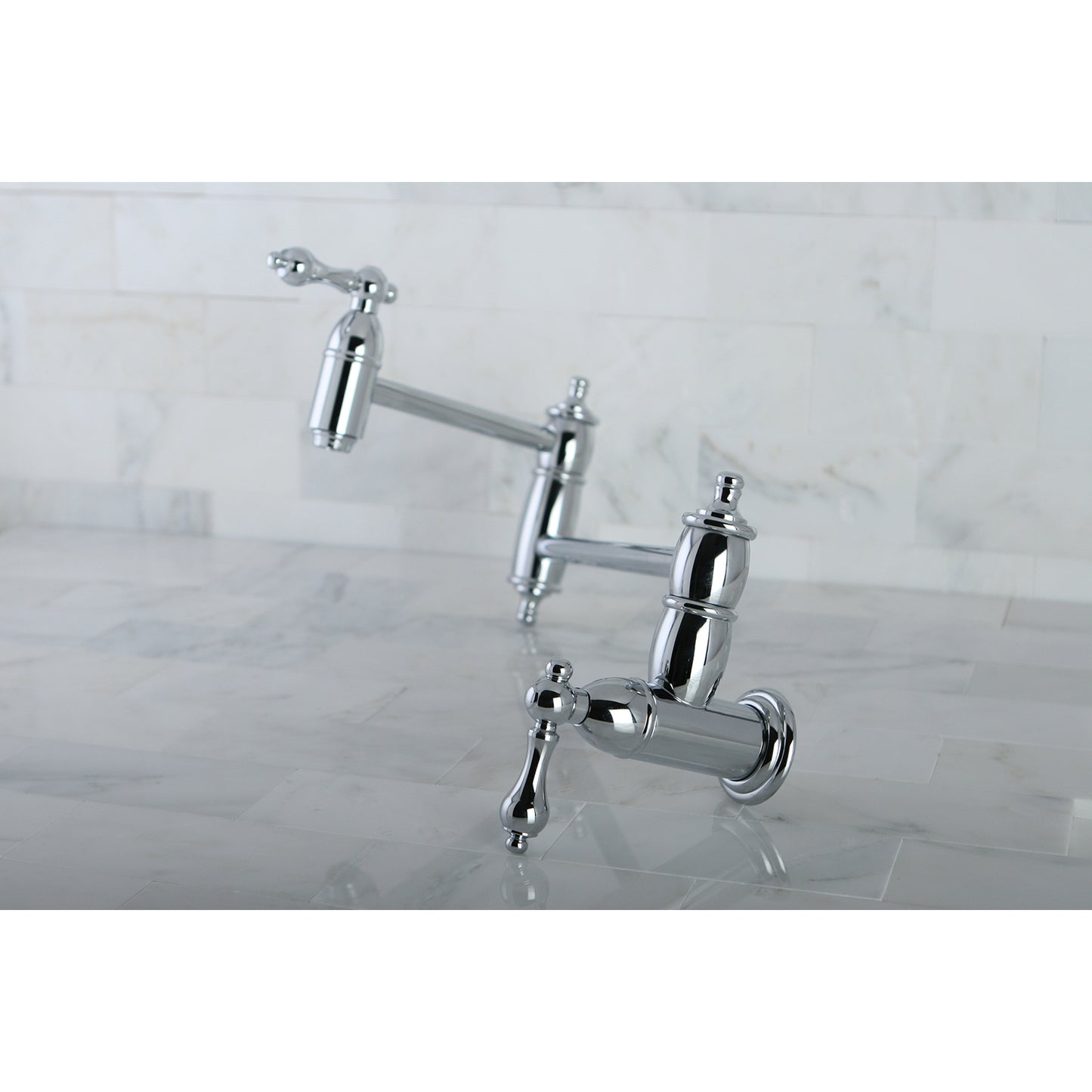 Kingston Brass KS3103AL Restoration Wall Mount Pot Filler Faucet, Antique Brass on a marble countertop.