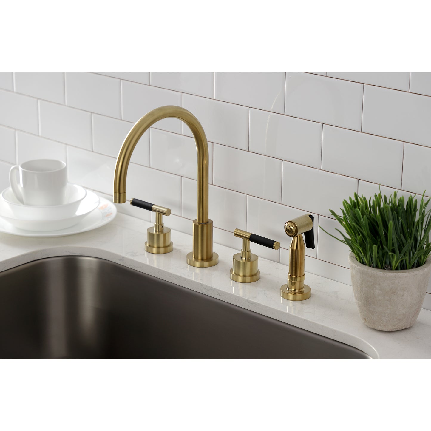 Kingston Brass KS8723CKLBS Kaiser Double-Handle Widespread Kitchen Faucet with Brass Sprayer, Antique Brass