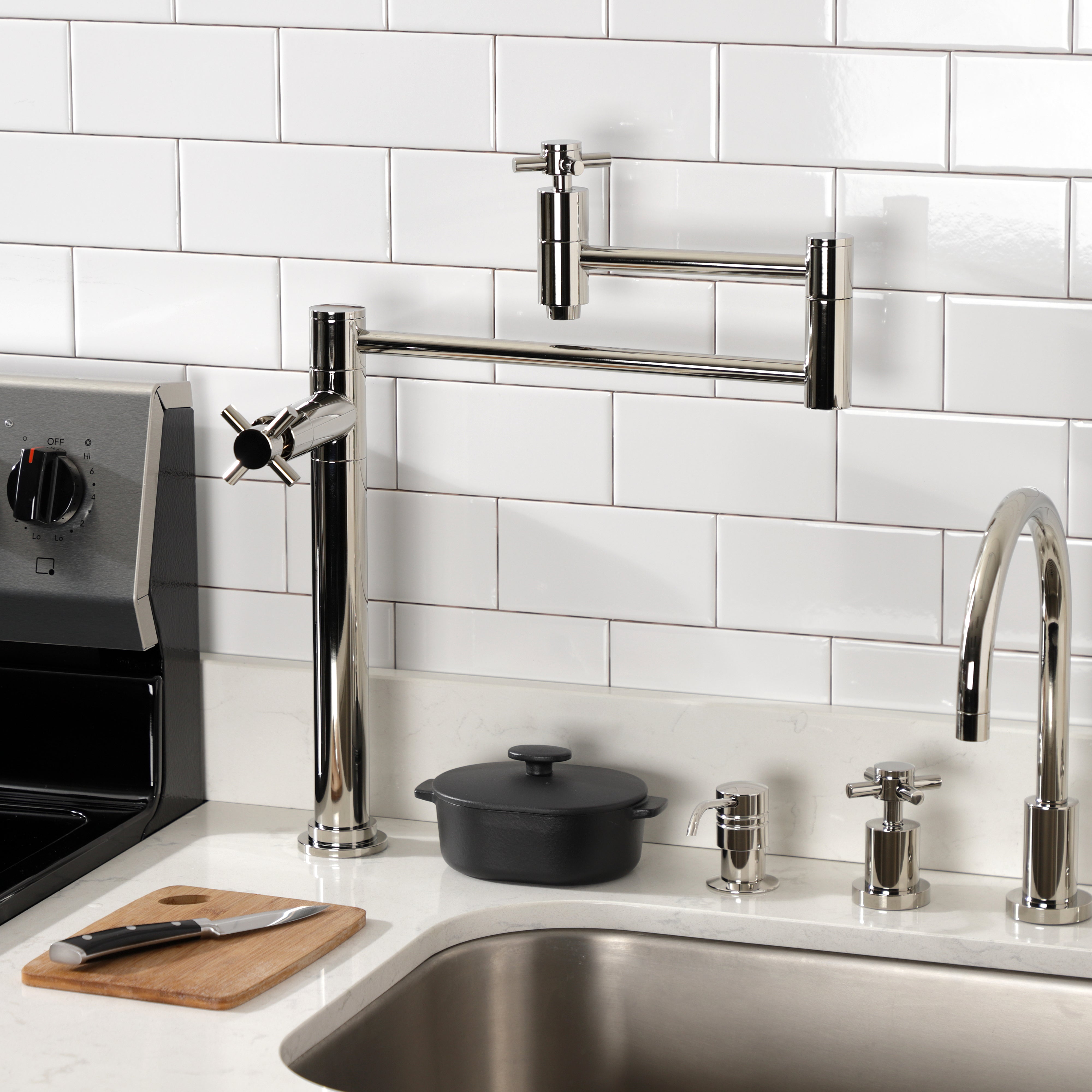 Kingston Brass KS8707DX Concord Deck Mount Pot Filler Faucet, Brushed Brass in modern kitchen setting