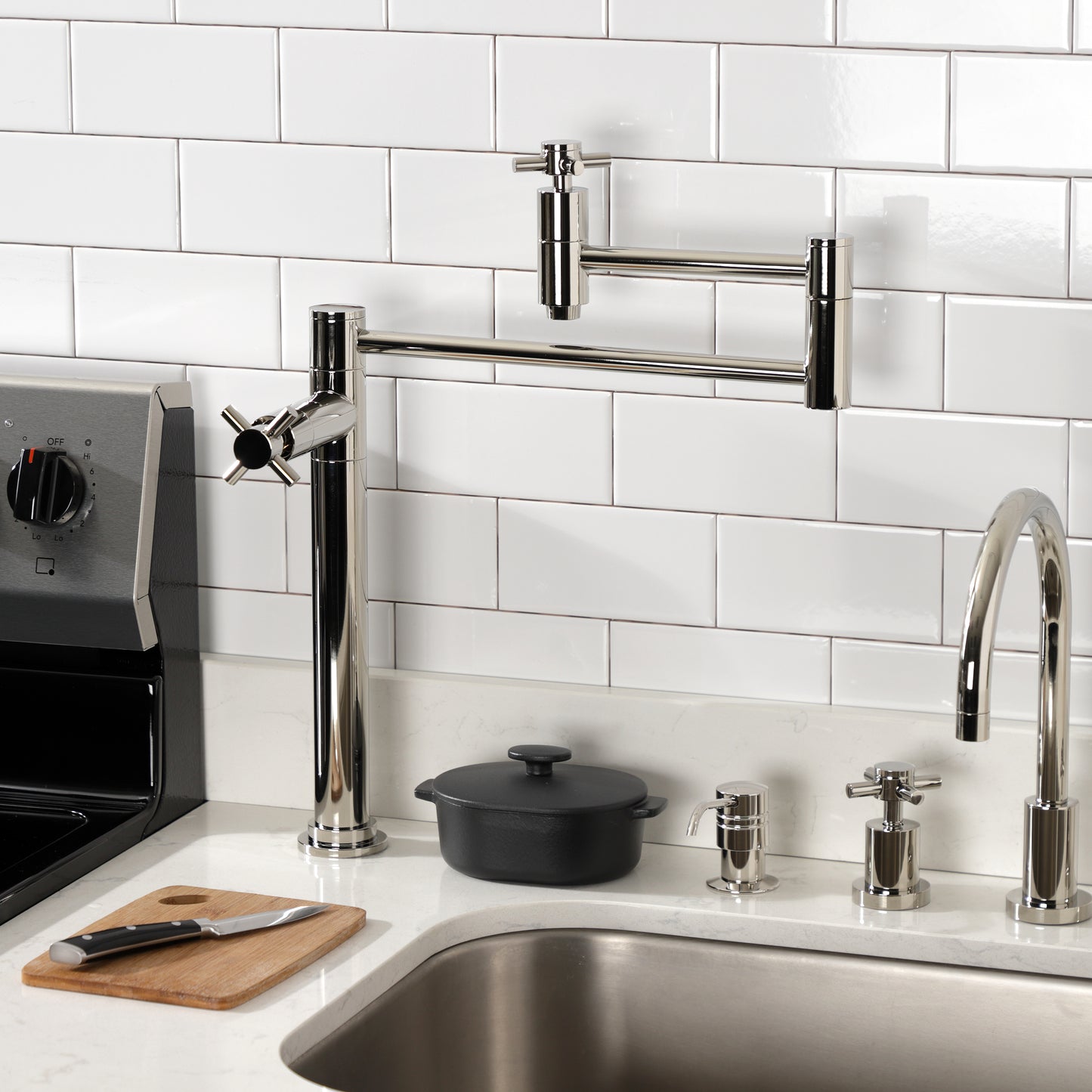 Kingston Brass KS8707DX Concord Deck Mount Pot Filler Faucet, Brushed Brass in modern kitchen setting