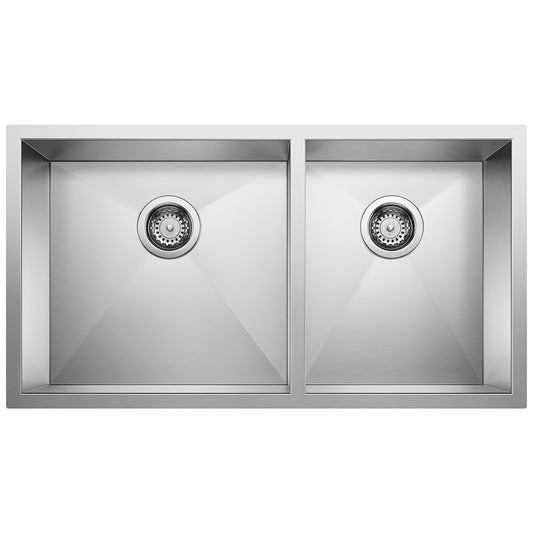 BLANCO Quatrus R0 33" 60/40 Double Bowl Undermount Stainless Kitchen Sink in stainless steel finish.