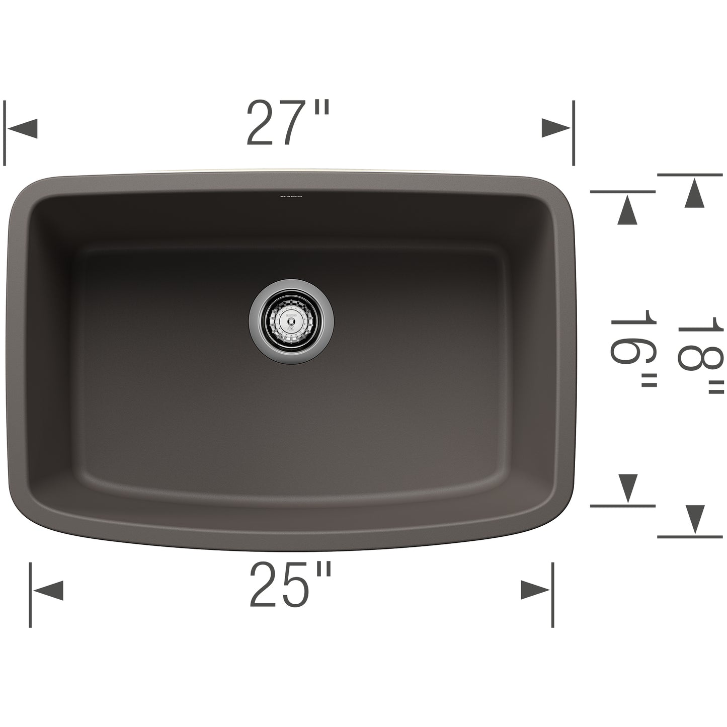 BLANCO Valea SILGRANIT 27" Single Bowl Undermount Kitchen Sink with measurements showing dimensions.