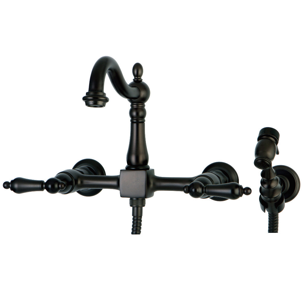 Kingston KS1263ALBS Heritage Two-Handle Wall Mount Bridge Kitchen Faucet with Brass Sprayer, Antique Brass