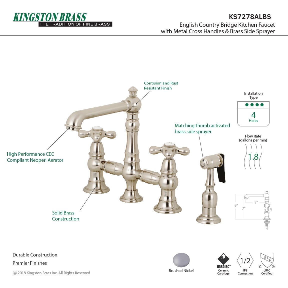 Kingston KS7277AXBS English Country Bridge Kitchen Faucet with Brass Sprayer, Brushed Brass