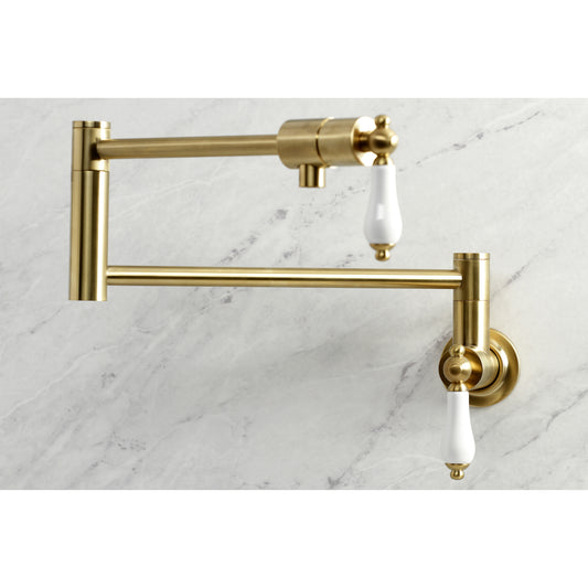 Kingston Brass KS4107PL Metropolitan Wall Mount Pot Filler Faucet, Brushed Brass with swing arms and decorative handles