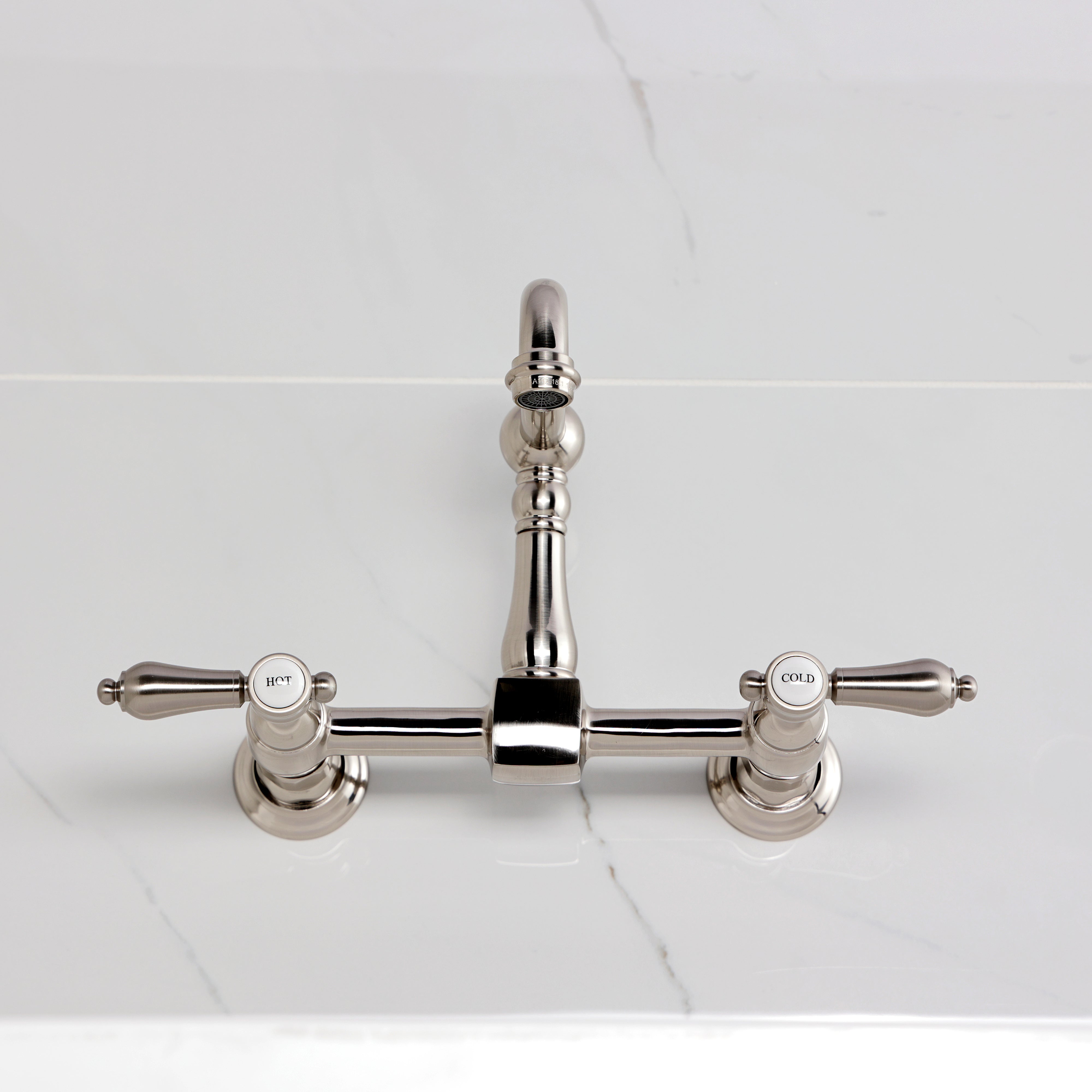 Kingston KS2443BAL Heirloom Two-Handle Wall Mount Bridge Kitchen Faucet, Antique Brass view from above