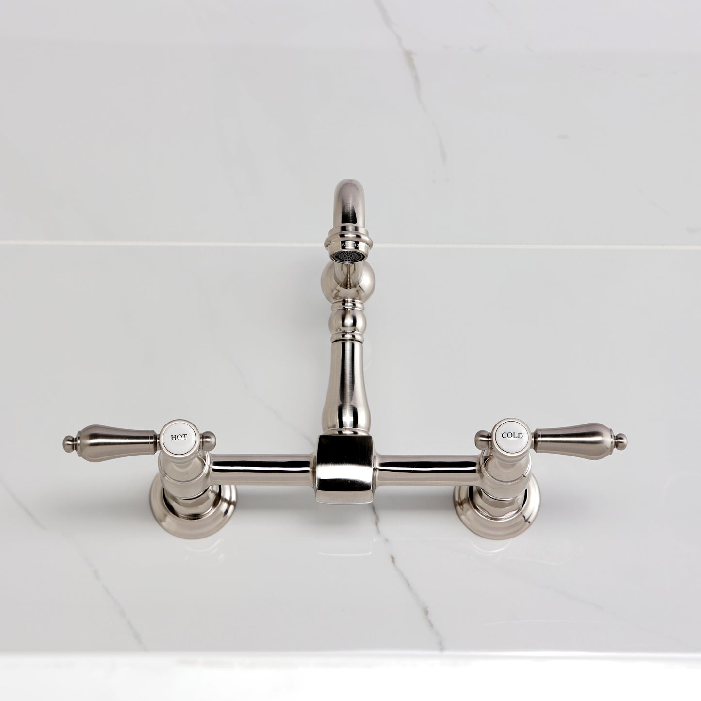 Kingston KS2443BAL Heirloom Two-Handle Wall Mount Bridge Kitchen Faucet, Antique Brass view from above