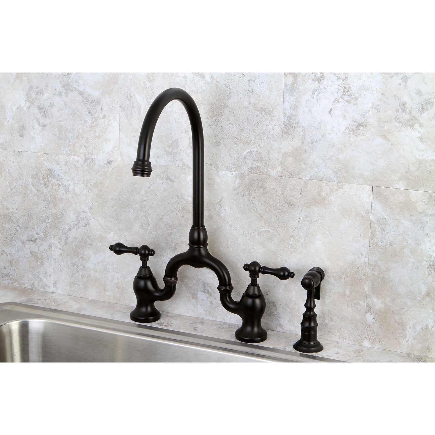 Kingston KS7793ALBS English Country Bridge Kitchen Faucet with Brass Sprayer, Antique Brass