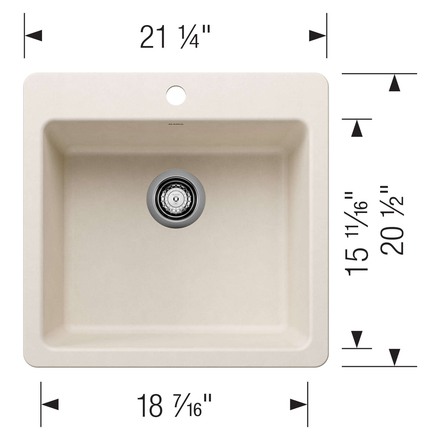 BLANCO Liven SILGRANIT 21" Single Bowl Dual Mount Kitchen Sink dimensions and design details.