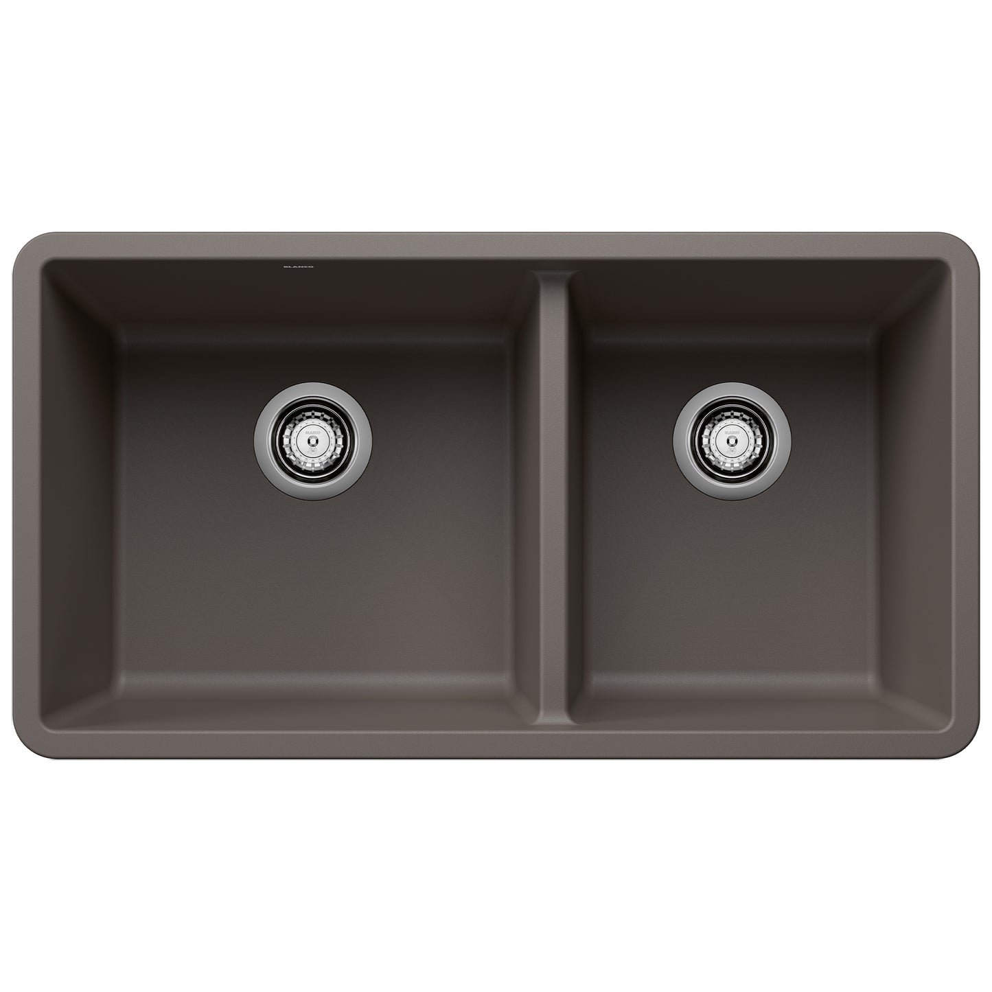 BLANCO Precis SILGRANIT 33" 60/40 Double Bowl Undermount Kitchen Sink in a dark finish with dual bowls and modern design.