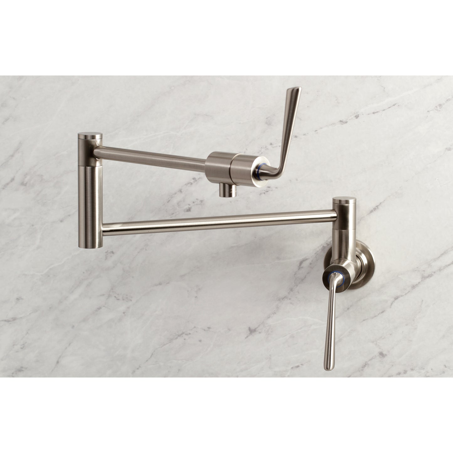 Kingston Brass KS4108ZL Silver Sage Wall Mount Pot Filler Faucet, Brushed Nickel on marble surface.