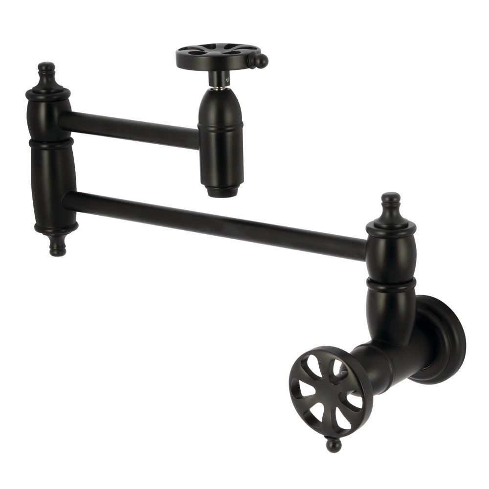 Kingston Brass KS3103RX Belknap Wall Mount Pot Filler Faucet, Antique Brass in matte black finish with detailed swing arms.