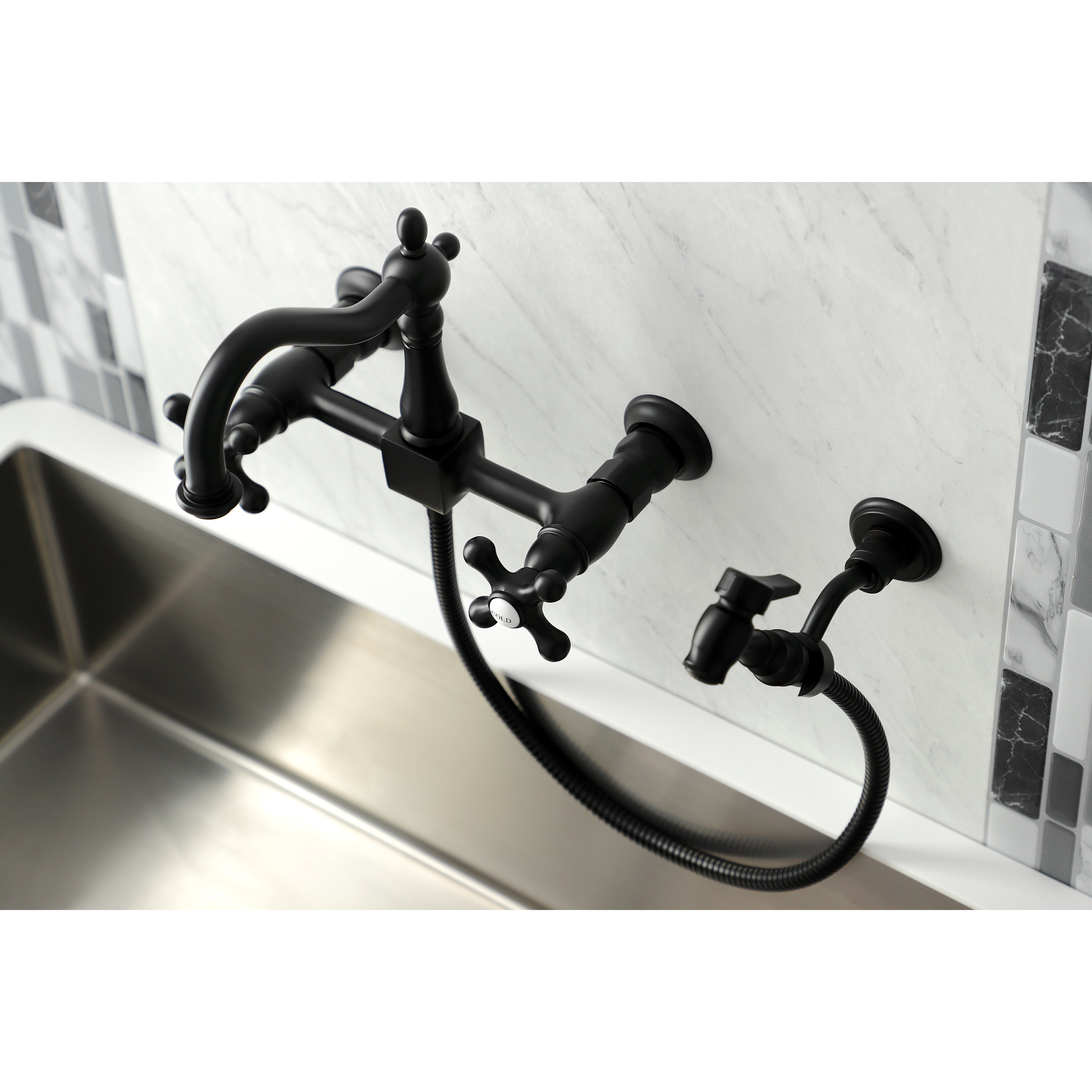 Kingston KS1263AXBS Heritage Two-Handle Wall Mount Bridge Kitchen Faucet with Brass Sprayer, Antique Brass