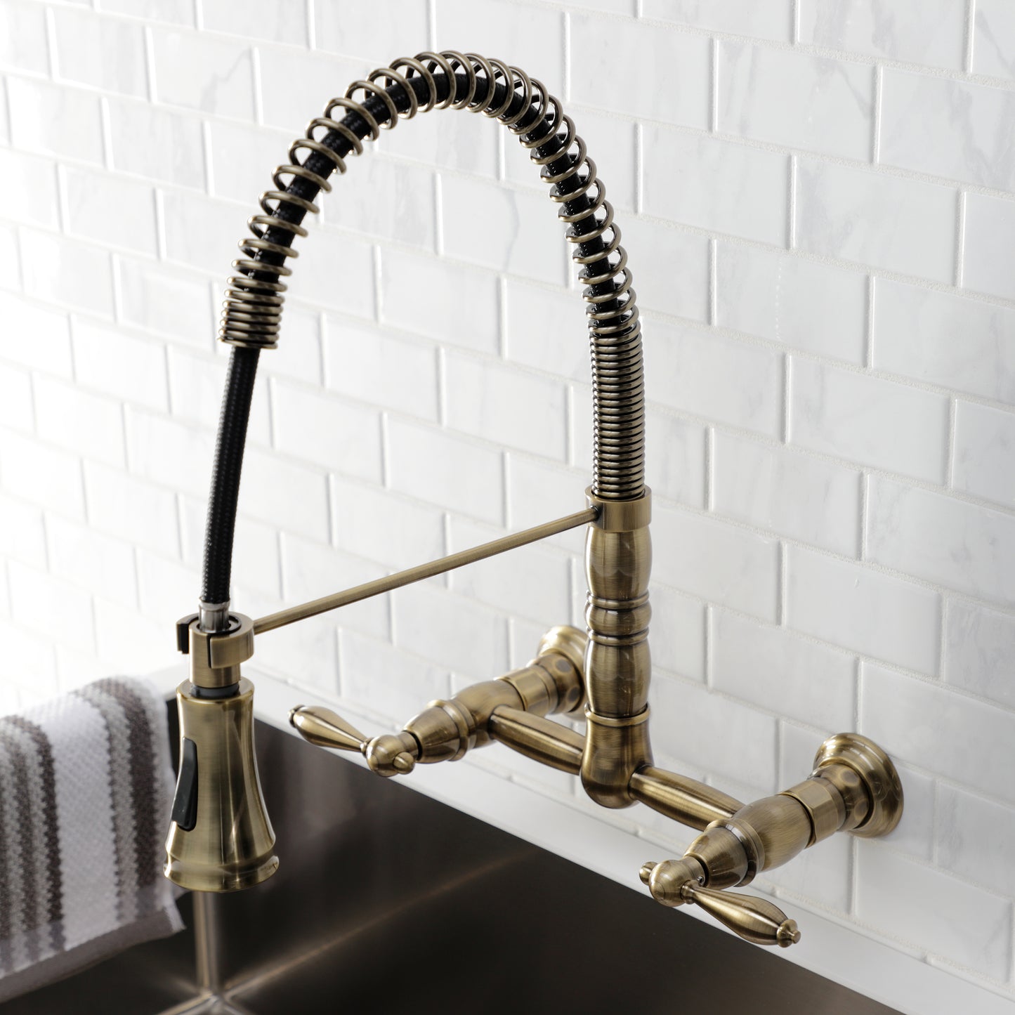 Gourmetier GS1243AL Heritage Double-Handle Wall-Mount Pre-Rinse Bridge Kitchen Faucet, Antique Brass