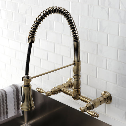 Gourmetier GS1243AL Heritage Double-Handle Wall-Mount Pre-Rinse Bridge Kitchen Faucet, Antique Brass