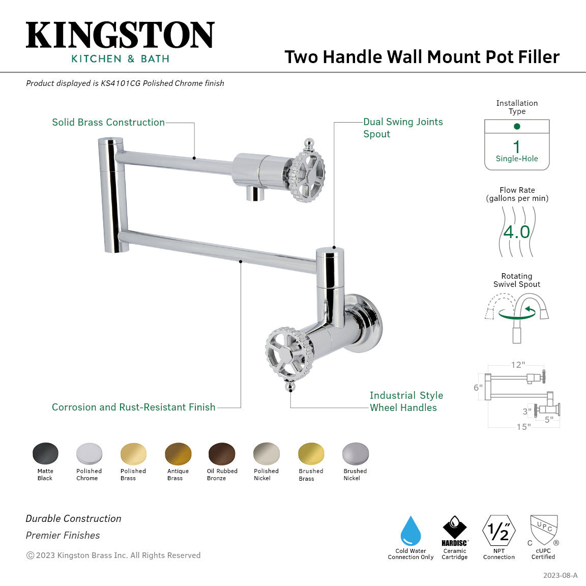 Kingston Brass KS4103CG Fuller Wall Mount Pot Filler Faucet, Antique Brass with dual swing joints and solid brass construction.