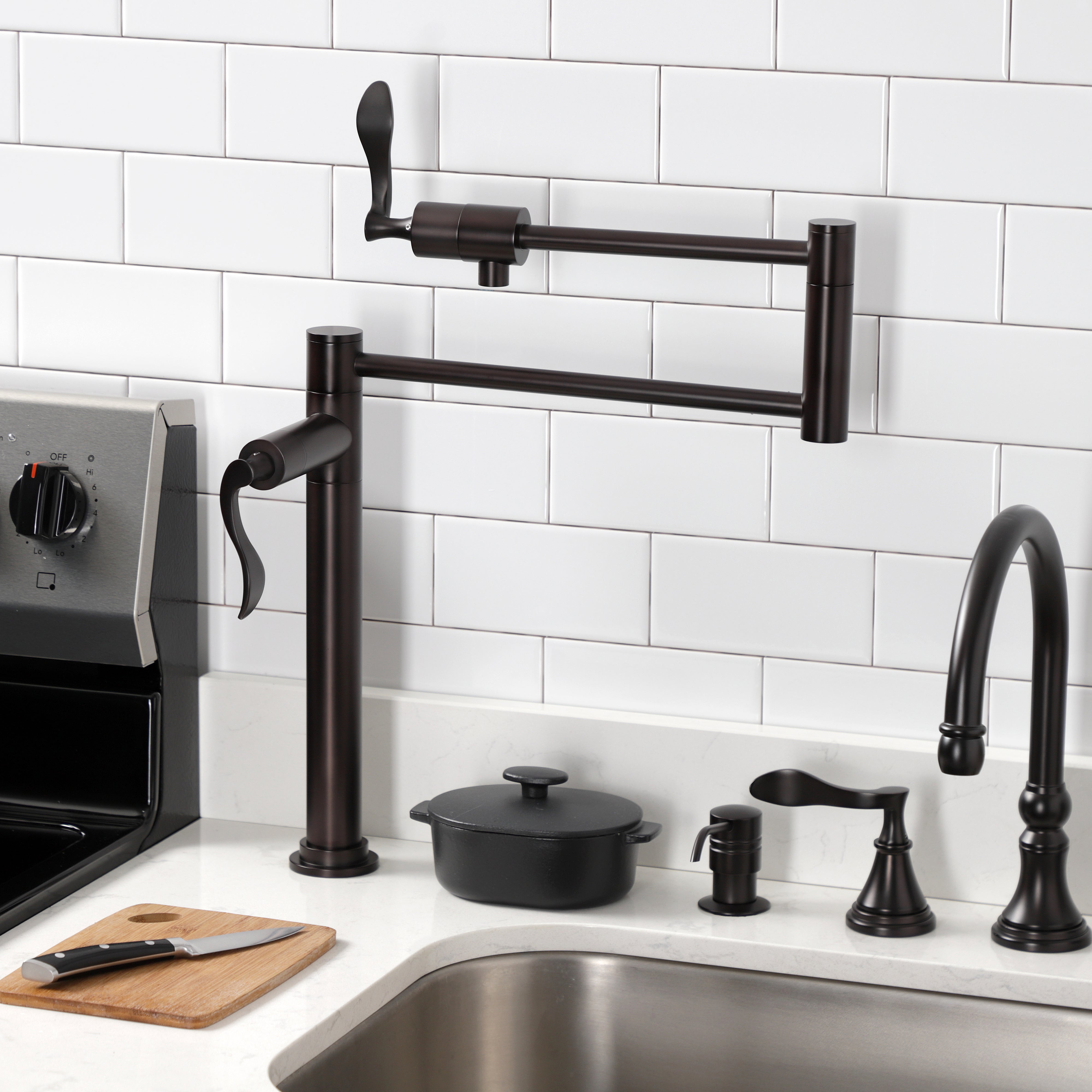 Kingston Brass KS4705CFL Century Deck Mount Pot Filler Faucet, Oil Rubbed Bronze in kitchen setting.