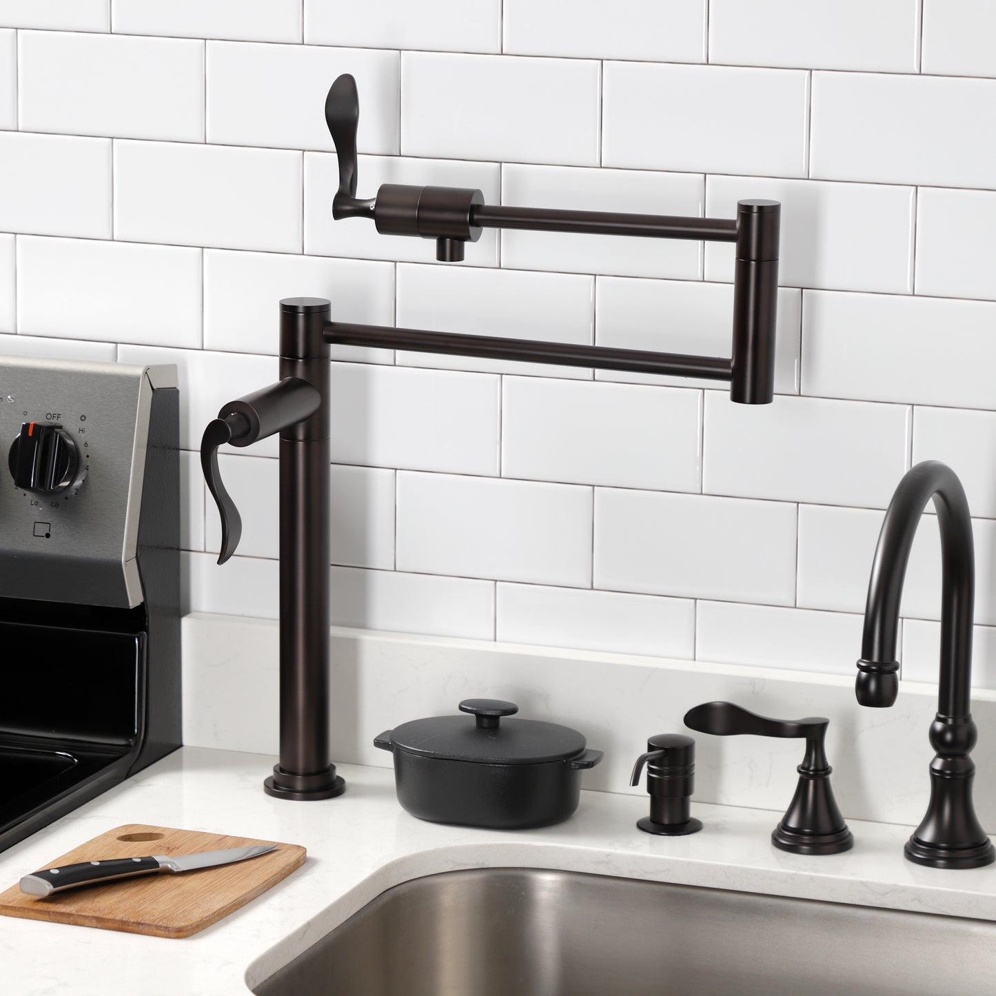 Kingston Brass KS4705CFL Century Deck Mount Pot Filler Faucet, Oil Rubbed Bronze in kitchen setting.
