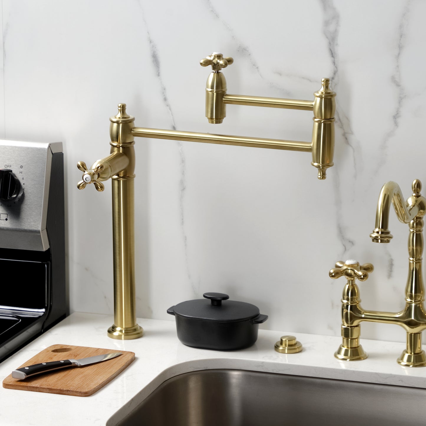 Kingston Brass KS3703AX Restoration Deck Mount Pot Filler Faucet, Antique Brass showcasing stylish kitchen design.